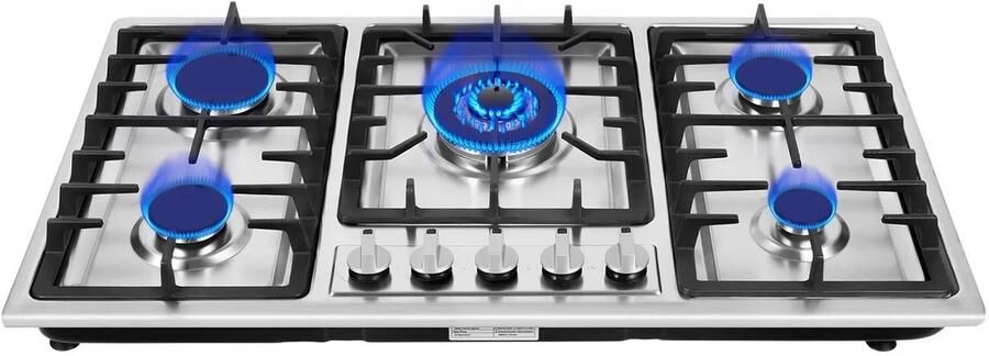 Corenia Gaskookplaat – Gasfornuis – Kookplaat – 5-Pits – Roestvrij Staal – Automatische Ontsteking – Gietijzeren Pannendragers