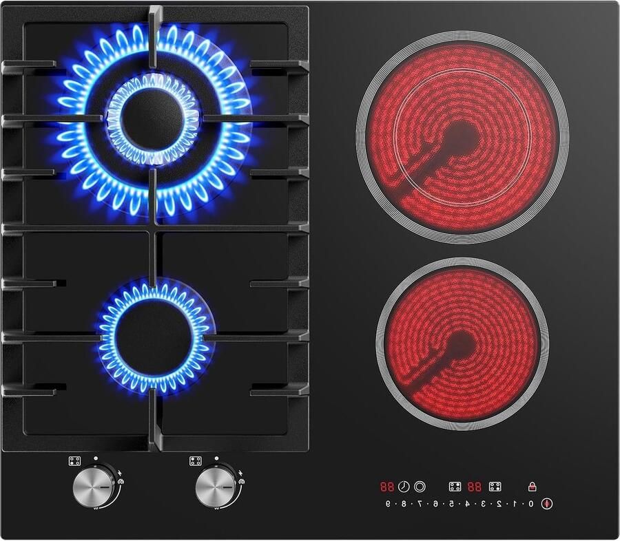 Corenia Gaskookplaat – Keramische Kookplaat – Combikookplaat – Inbouwkookplaat – Wokbrander – 60 cm Breed – 5200 W Gasbrander – Zwart Glaskeramiek