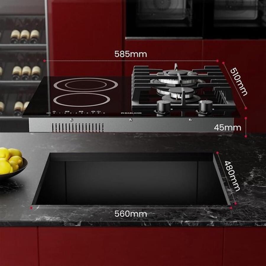 Corenia Gaskookplaat – Keramische Kookplaat – Combikookplaat – Inbouwkookplaat – Wokbrander – 60 cm Breed – 5200 W Gasbrander – Zwart Glaskeramiek