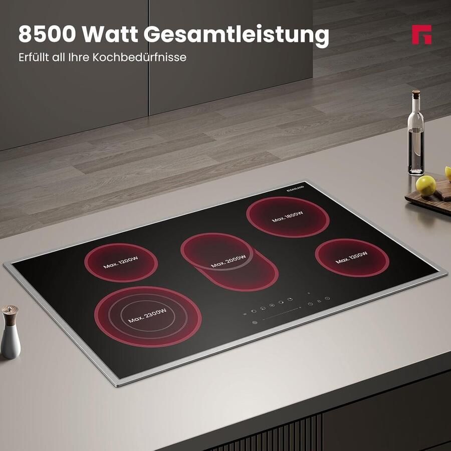 Corenia Glaskeramisch Kookveld – Elektrisch Kookplaat – Inbouw Kookplaat – Keramisch Kookveld – Kookplaat 90 cm – Roestvrijstalen Frame – 5 Kookzones Met Slider Bediening – 8500W Totaal Vermogen