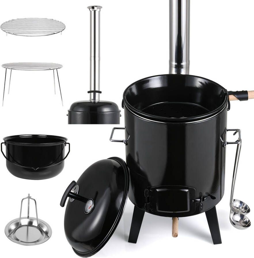 Corenia Gourmetstel – Raclette – Gourmetset – Fondue – Tafelgrill – Buitenoven met 17L + 8L geëmailleerde pannen – Ingebouwde thermometer & verstelbare ventilatie