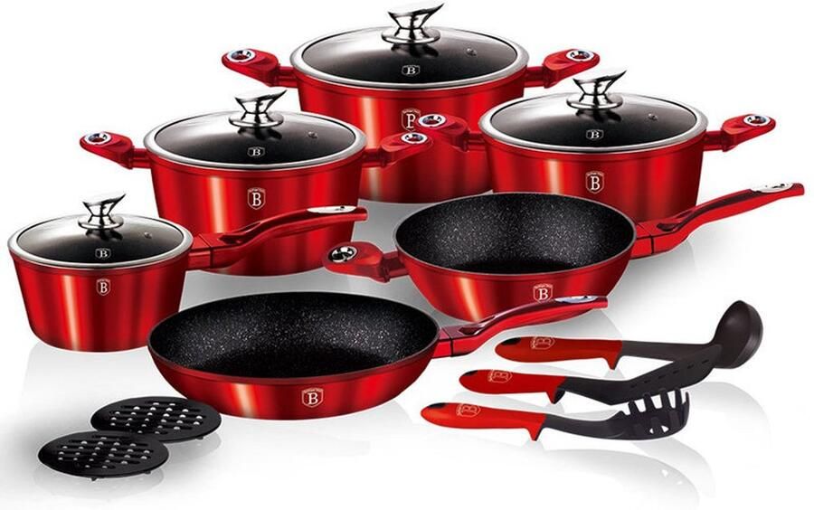 Corenia Grillpan – Steakpan – Barbecuepan – Koekenpan – Braadpan – 15-delige granieten pannenset – Aluminium met drievoudige anti-aanbaklaag – Geschikt voor alle warmtebronnen