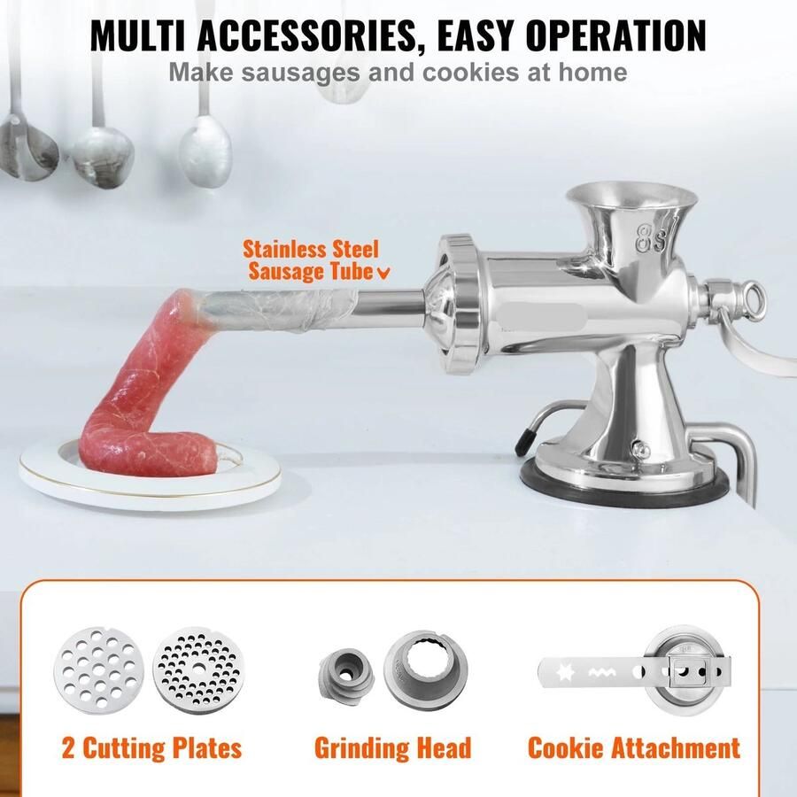 Corenia Handmatig Gehaktmolen Voor alle soorten Vlees Roestvrij staal Vleesmolen Vleesmolens Keukenmolenmachine 304 roestvrij staal Handmatige vleesmolen Zuignap + tafel stalen clip bevestiging Zilver
