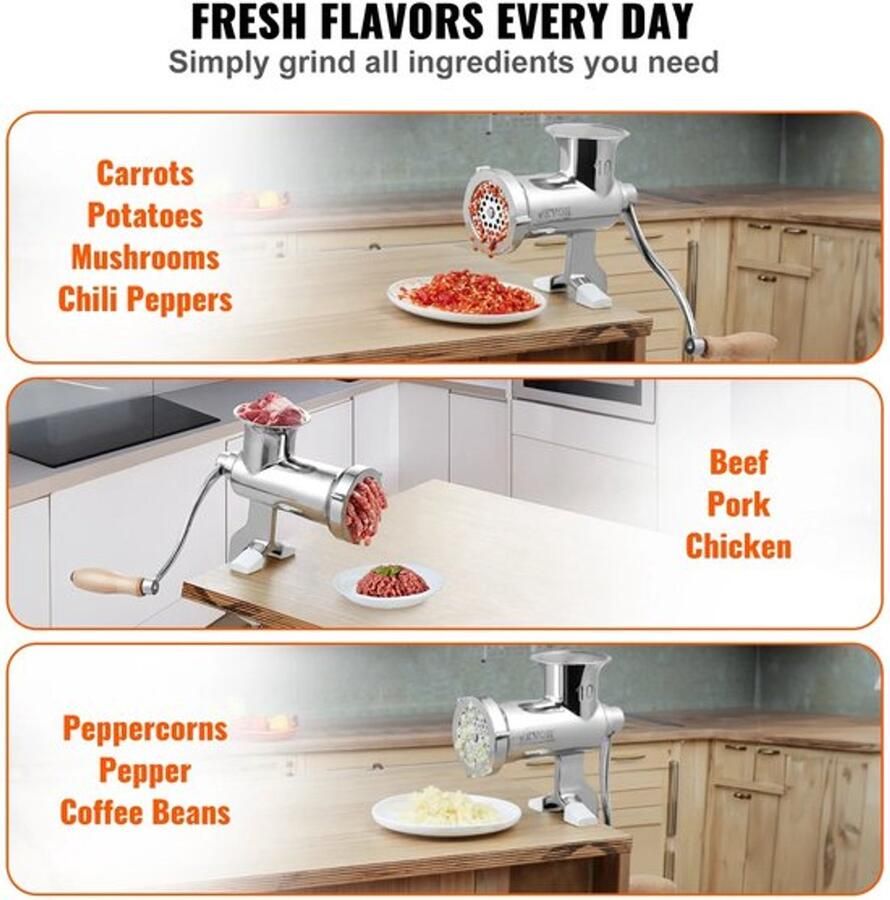 Corenia Handmatig Gehaktmolen Voor alle soorten Vlees Roestvrij staal Vleesmolen Vleesmolens worstenmaker Keukenmolenmachine 304 roestvrij staal Zilver - Foto 2
