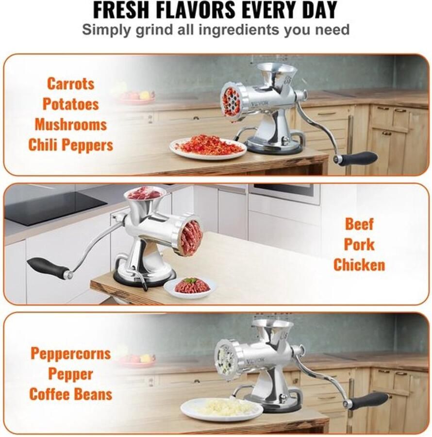 Corenia Handmatig Gehaktmolen Voor Alle Soorten Vlees Vleesmolens Worstenmaker Keukenmolenmachine Roestvrij Staal Vleesmolen met Zuignap Zilver