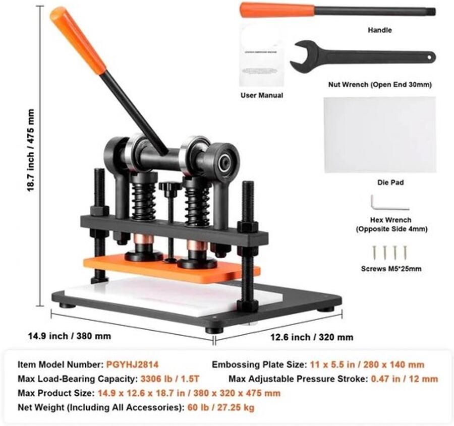 Corenia Handmatige Leersnijmachine Lederen Snijmachine Embossing Machine Handmatige met 12 mm Drukslag Stanspers voor Leer Foam Rubber en Kunststof Verstelbare Druk 1.5 Ton Drukkracht 28 x 14 cm - Foto 2