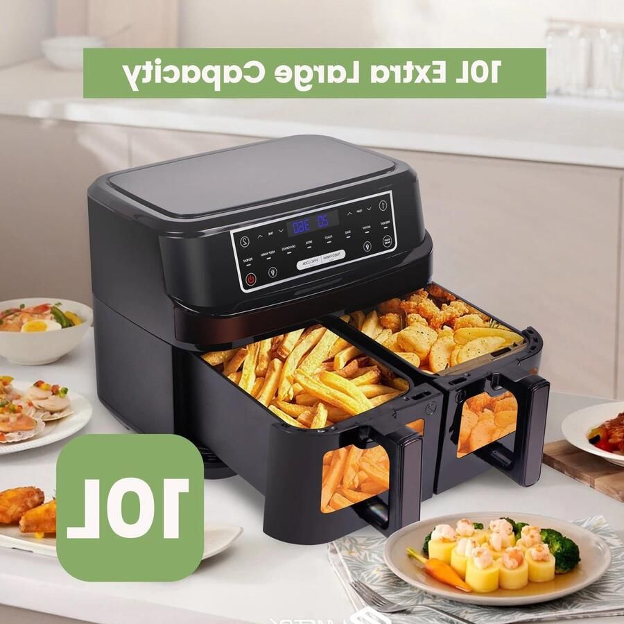 Corenia Heteluchtfriteuse 10L – Airfryer Dubbele Lades – 2000W 240V Touchscreen – 8 Automatische Programma's – Kijkvenster Zwart