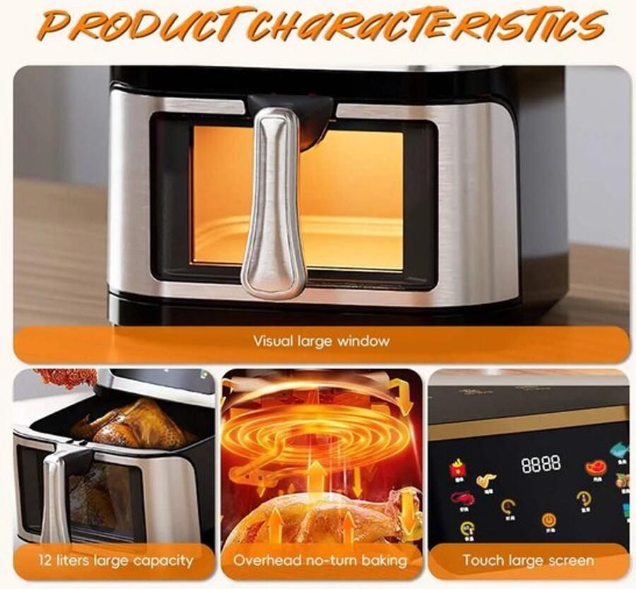 Corenia Heteluchtfriteuse – Airfryer Oven 12L 2000W Touch Display Airfryer Zonder Olie Kijkvenster RVS Hoge Temperatuur Zwart