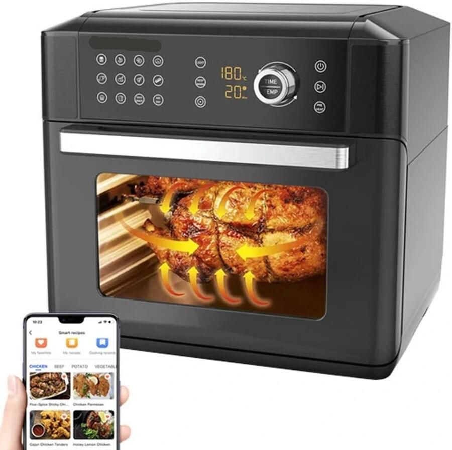 Heteluchtfriteuse – Airfryer Oven 15L 360° Luchtcirculatie 1700W 240V 12 Voorinstellingen LED Touchscreen Kijkvenster App Bediening Zwart