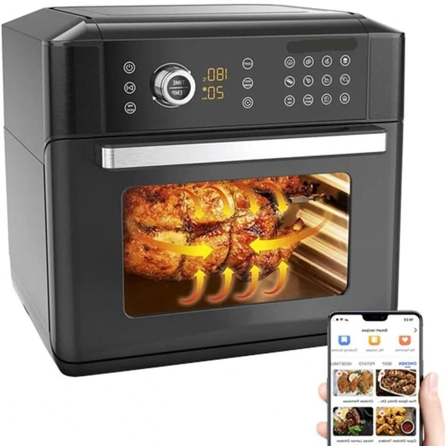 Corenia Heteluchtfriteuse – Airfryer Oven 15L 360° Luchtcirculatie 1700W 240V 12 Voorinstellingen LED Touchscreen Kijkvenster App Bediening Zwart
