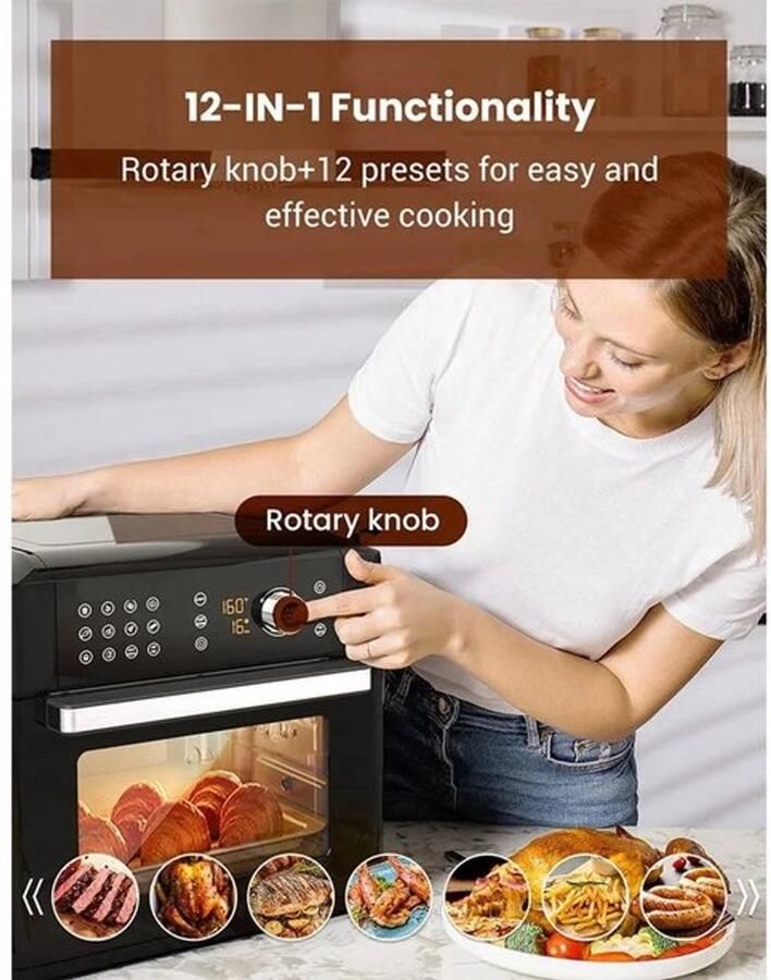 Corenia Heteluchtfriteuse – Airfryer Oven 15L 360° Luchtcirculatie 1700W 240V 12 Voorinstellingen LED Touchscreen Kijkvenster App Bediening Zwart