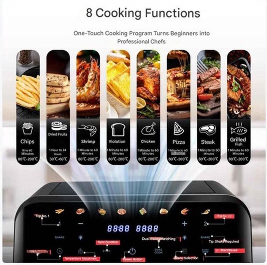 Heteluchtfriteuse – Airfryer Oven 15L Dubbele Zones 2600W 240V 8 Programma s Dubbele Mand XL -Touch Bedieningspaneel Kijkvenster Zwart