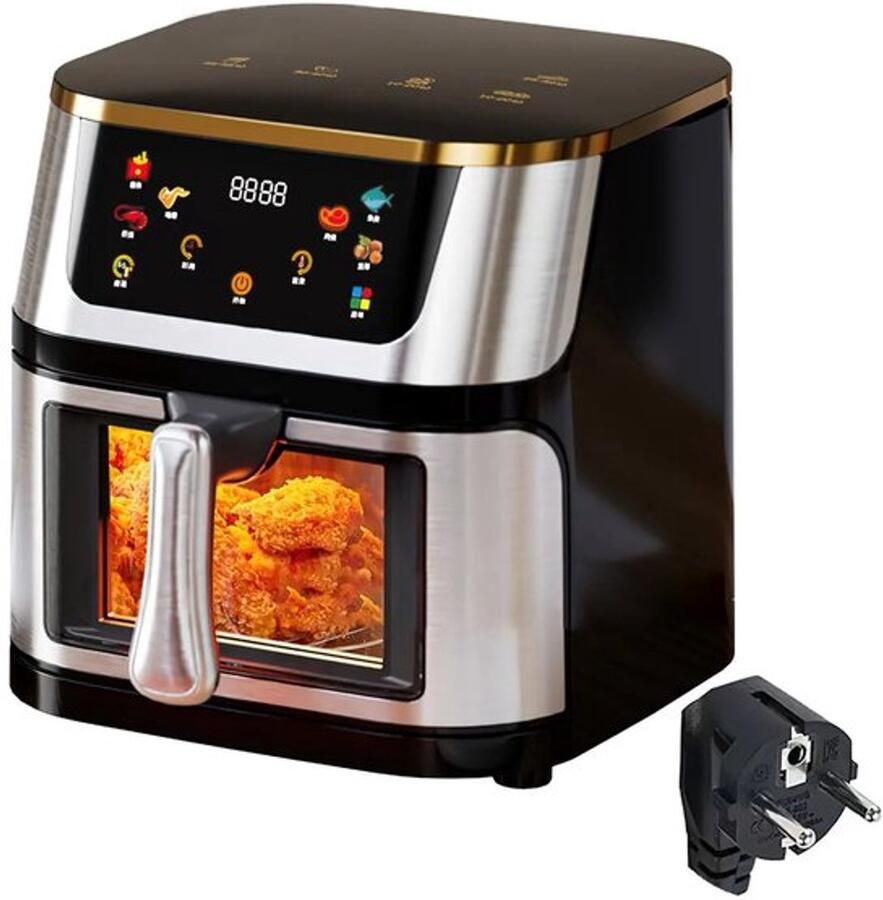 Heteluchtfriteuse – Airfryer Oven 8L 1400W Airfryer Zonder Olie LED Touchscreen Kijkvenster RVS Hoge Temperatuur Zwart