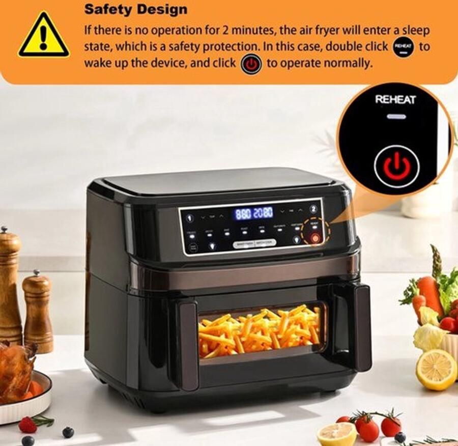 Corenia Heteluchtfriteuse – Airfryer Oven XXL 12L Dubbele Kookkamer Instelbaar 2000W 240V 8 Voorgeprogrammeerde Programma's LED Touchscreen Kijkvenster Zwart - Foto 3