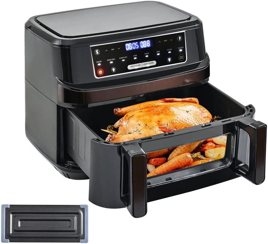 Corenia Heteluchtfriteuse – Airfryer Oven XXL 12L Dubbele Kookkamer Instelbaar 2000W 240V 8 Voorgeprogrammeerde Programma's LED Touchscreen Kijkvenster Zwart