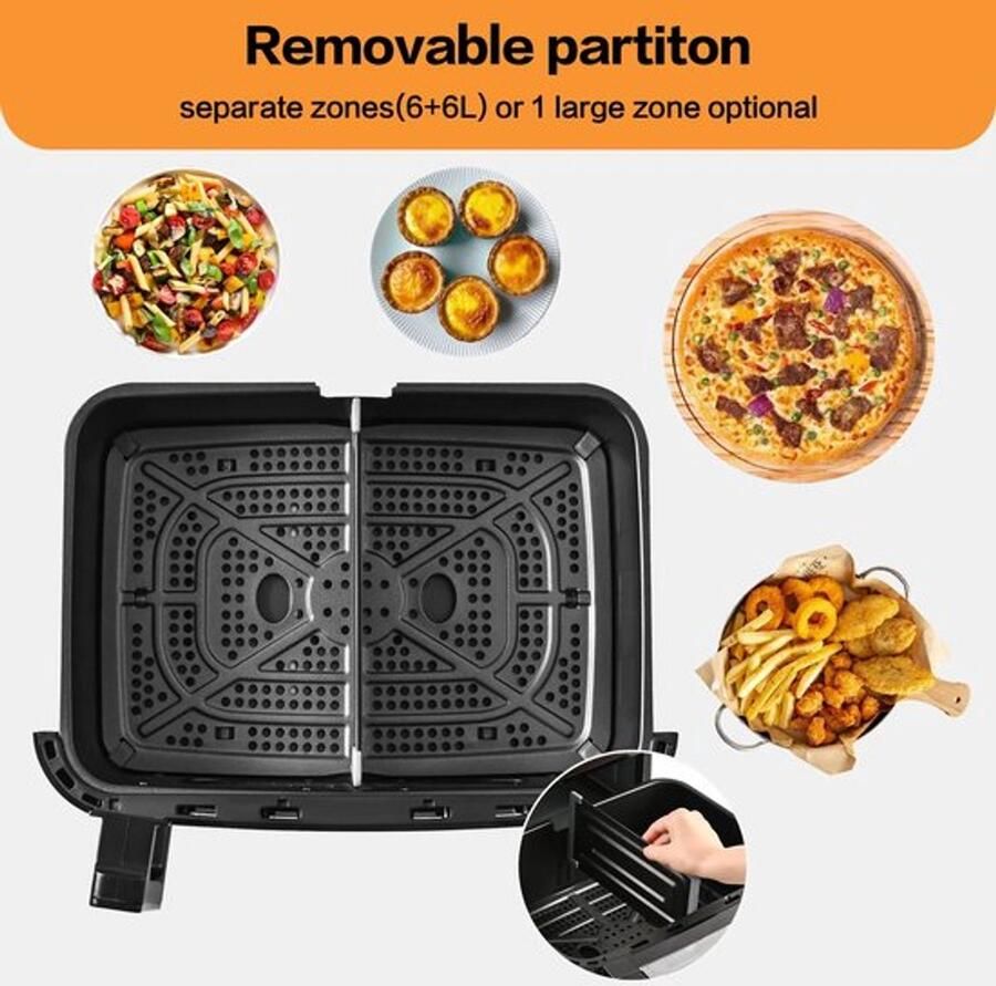 Corenia Heteluchtfriteuse – Airfryer Oven XXL 12L Dubbele Kookkamer Instelbaar 2000W 240V 8 Voorgeprogrammeerde Programma's LED Touchscreen Kijkvenster Zwart