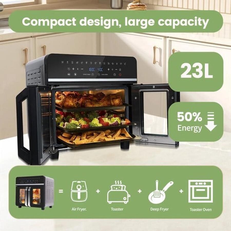 Corenia Heteluchtfriteuse – Airfryer Oven XXL 23L Dubbele Lades 2200W 240V LED Touchscreen – 15 Programma s Kijkvenster Zwart