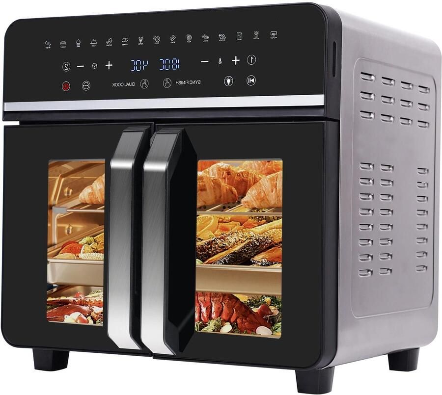 Corenia Heteluchtfriteuse – Airfryer Oven XXL 23L Dubbele Lades 2200W 240V LED Touchscreen – 15 Programma s Kijkvenster Zwart