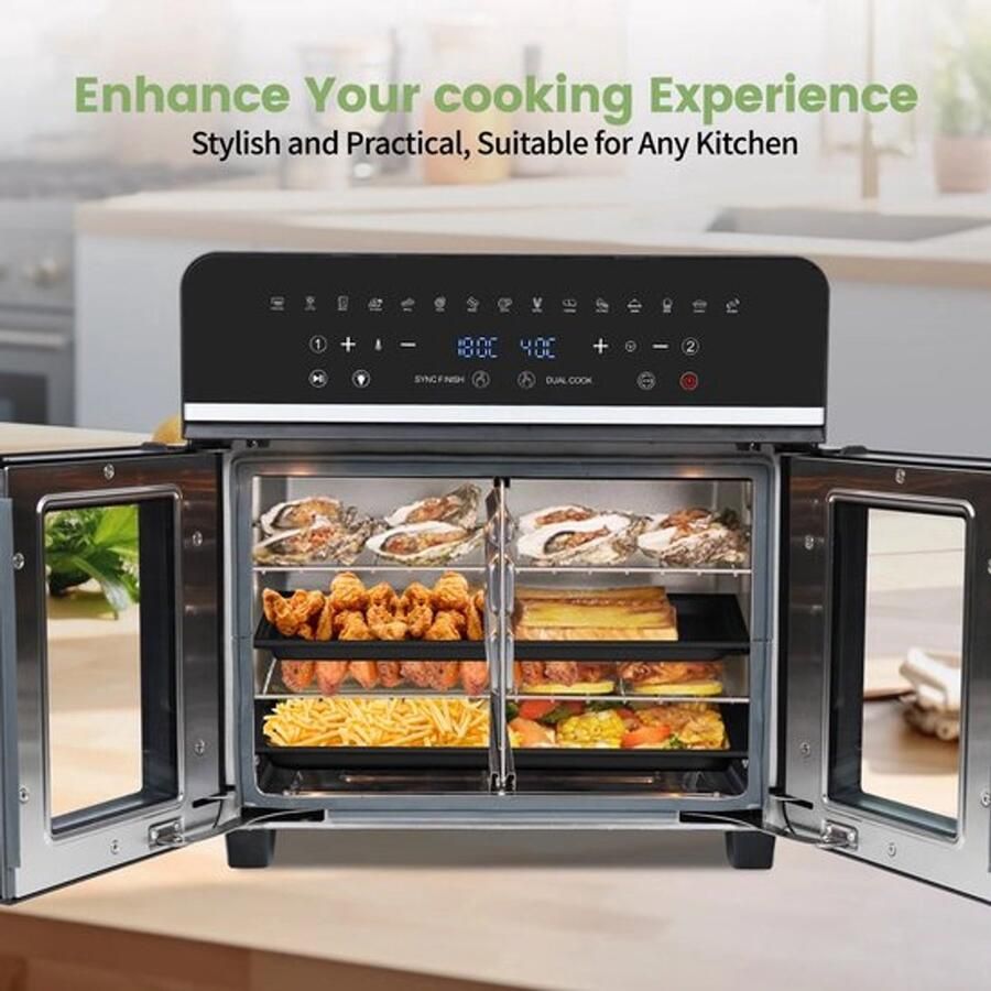 Corenia Heteluchtfriteuse – Airfryer Oven XXL 23L Dubbele Lades 2200W 240V LED Touchscreen – 15 Programma s Kijkvenster Zwart