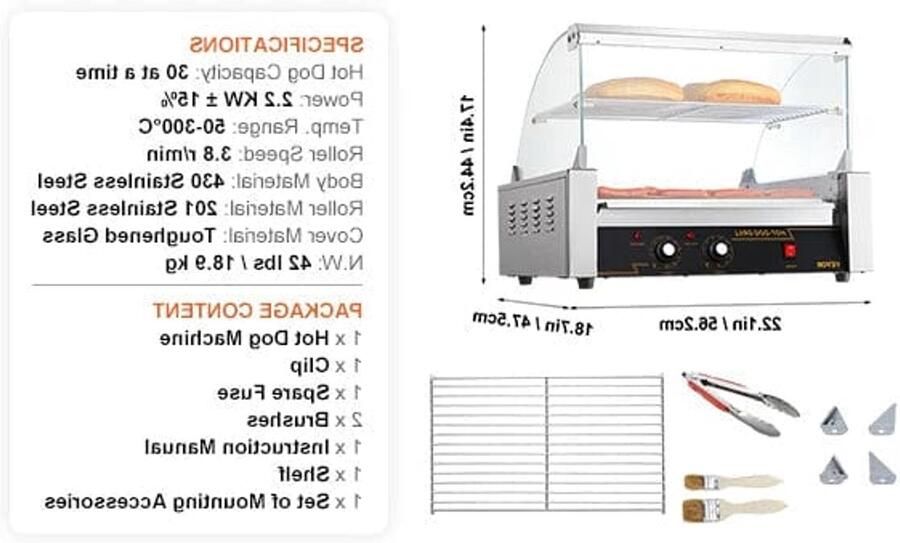 Corenia Hotdog Grill Machine Hotdog Grill Hotdogroller 11 RVS Rollen 750W Elektrische Grill met Deksel Twee Temperatuurregelaars Spatwand en plank voor Keuken en Feestjes Capaciteit 12 Stuks - Foto 2