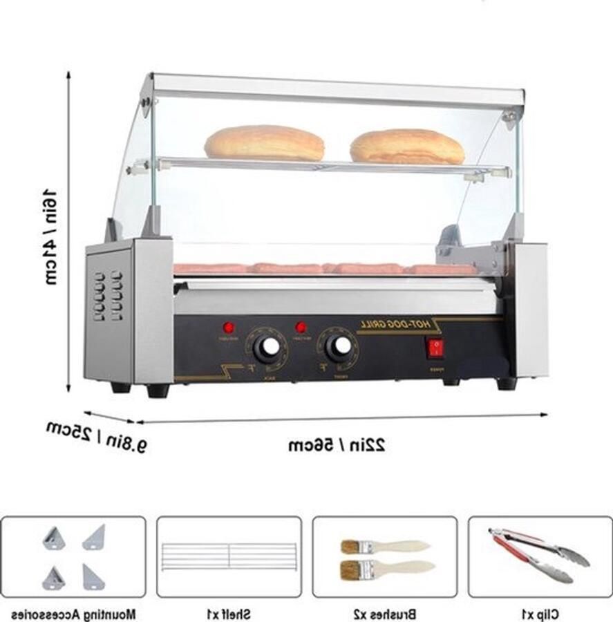 Corenia Hotdog Grill Machine Hotdog Grill Hotdogroller 5 RVS Rollen 750W Elektrische Grill met Deksel Twee Temperatuurregelaars Spatwand en plank voor Keuken en Feestjes Capaciteit 12 Stuks