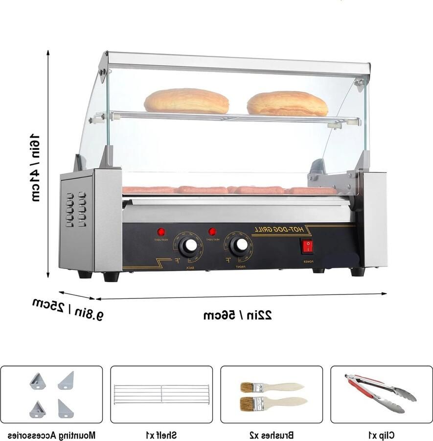 Corenia Hotdog Grill Machine Hotdog Grill Hotdogroller 5 RVS Rollen 750W Elektrische Grill met Deksel Twee Temperatuurregelaars Spatwand en plank voor Keuken en Feestjes Capaciteit 12 Stuks