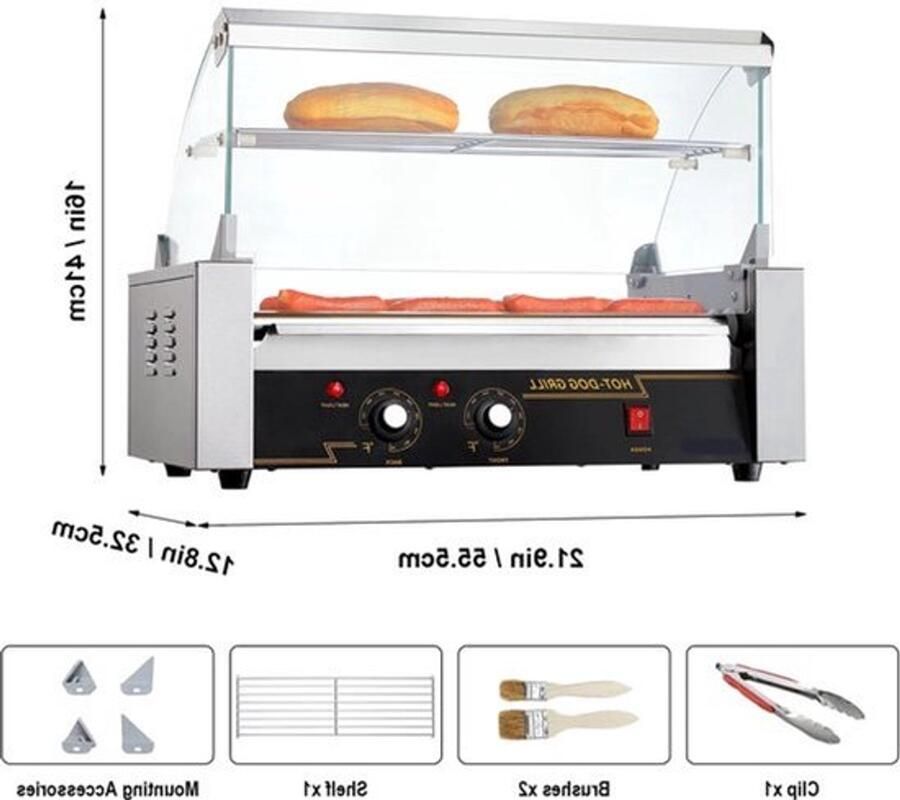 Hotdog Grill Machine Hotdog Grill Hotdogroller 7 RVS Rollen 750W Elektrische Grill met Deksel Twee Temperatuurregelaars Spatwand en plank voor Keuken en Feestjes Capaciteit 12 Stuks