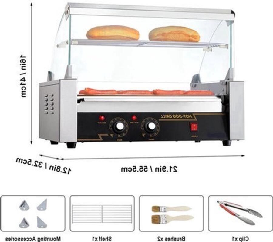 Corenia Hotdog Grill Machine Hotdog Grill Hotdogroller 7 RVS Rollen 750W Elektrische Grill met Deksel Twee Temperatuurregelaars Spatwand en plank voor Keuken en Feestjes Capaciteit 12 Stuks