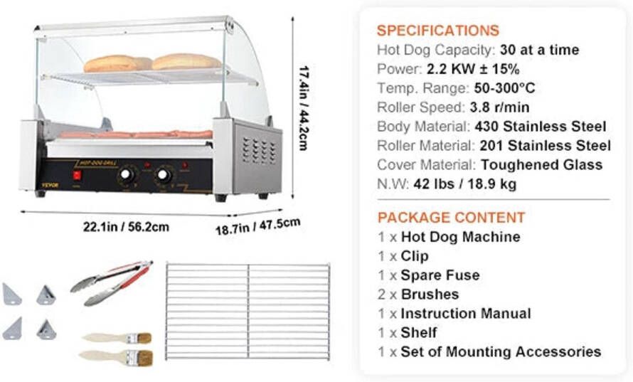 Corenia Hotdog Grill Machine Hotdog Grill Hotdogroller Elektrische Grill met Deksel 11 RVS Rollen 750W Spatwand en plank Twee Temperatuurregelaars voor Keuken en Feestjes Capaciteit 12 Stuks