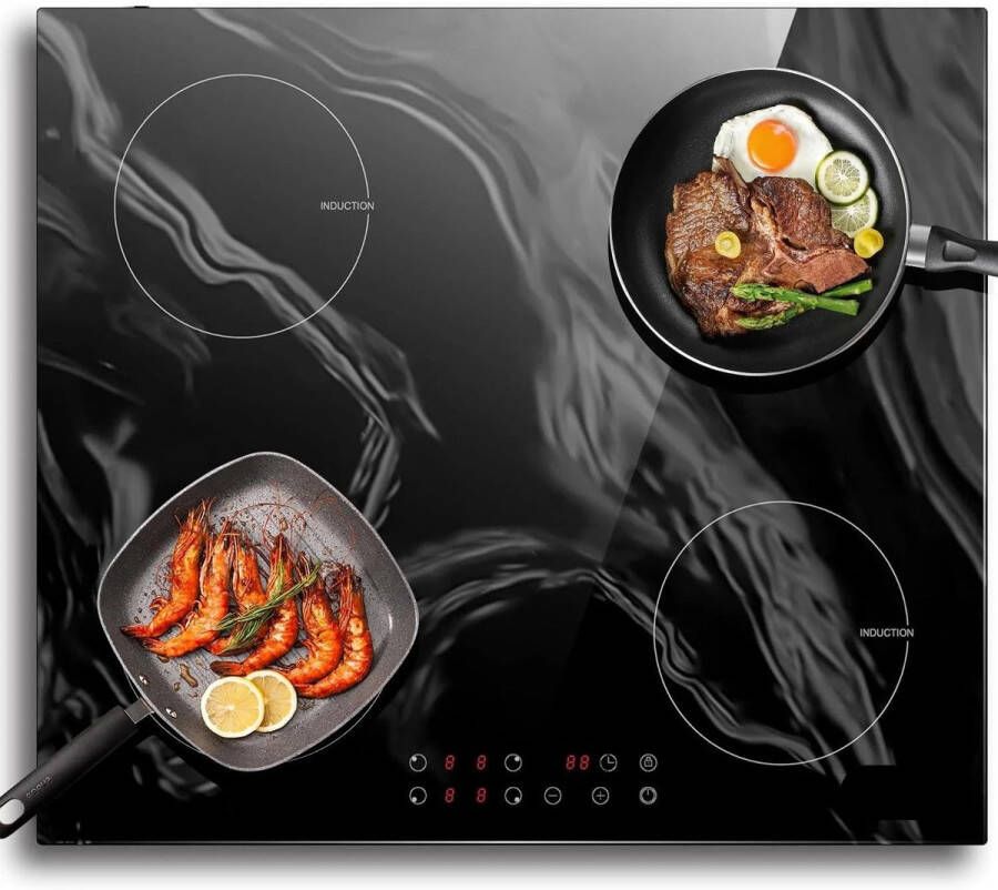 Corenia Inductie Kookplaat Elektrische Kookplaat Keramisch Kookplaat Glaskeramiek Zwart Induction Hob Elektrische Brander 4-pits Inbouw 3500W 220V Kinderbeveiliging Timer Marmerlook - Foto 2