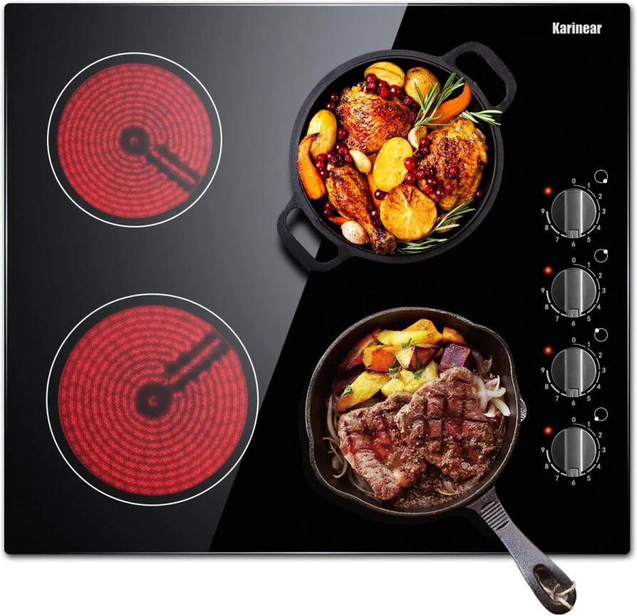 Corenia Inductie kookplaat Induction Hob Elektrische Brander 4-pits Inbouw 59 cm Elektrische Kookplaat Inductie Fornuis Zwart Zwarte mat Gematteerde Keramische Glasplaat met 4 Individuele Bedieningsknoppen Induction Cook Top