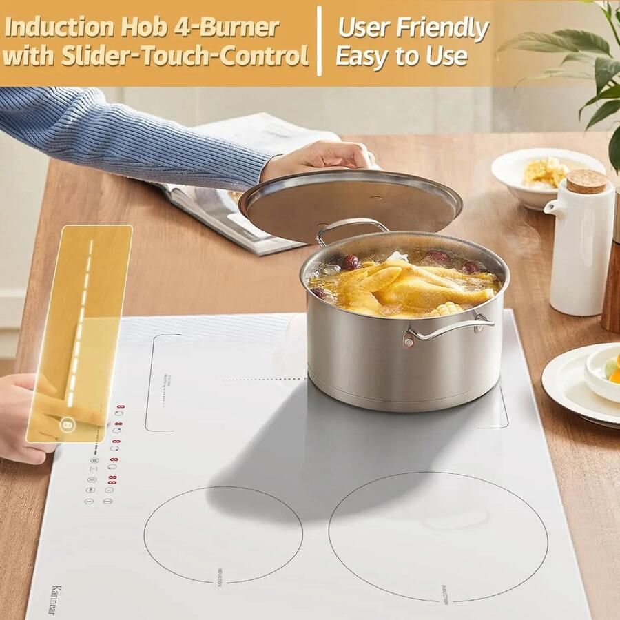 Corenia Inductie kookplaat Induction Hob -Elektrische Brander 4 Zones met Stekker Induction Cook Top Inductie Fornuis 59CM 3500W Wit Keramisch Glas 9 Vermogensniveaus Wit Combinatie Zones Schuifregelaars