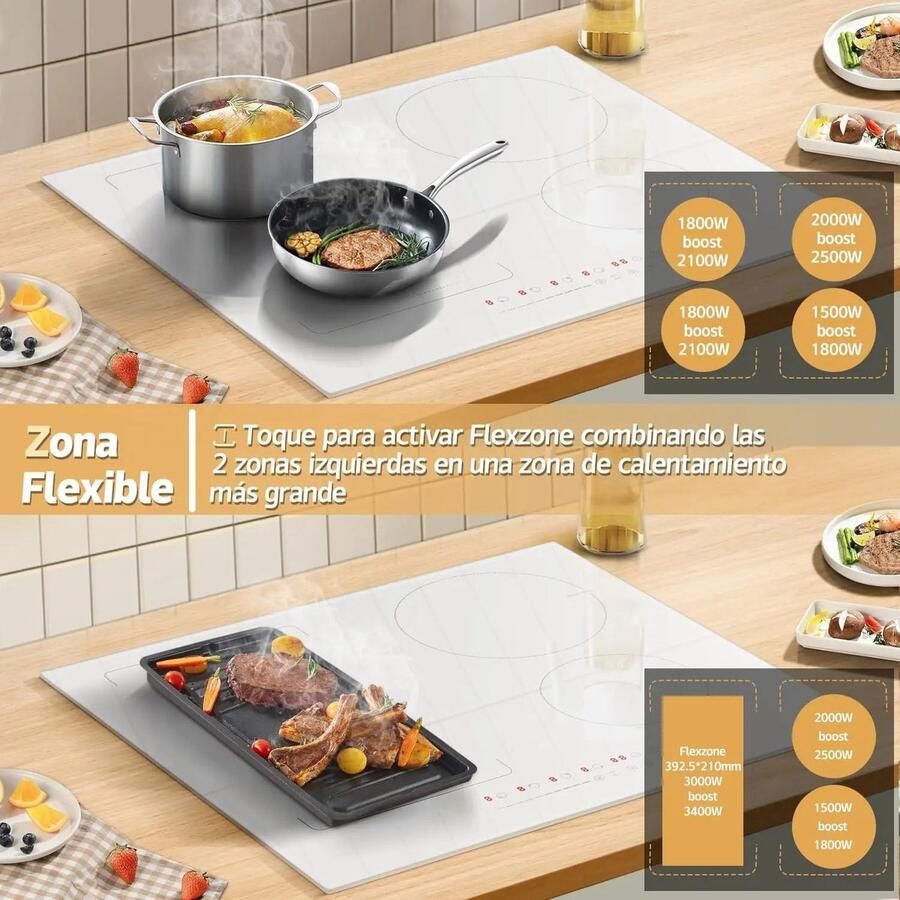 Corenia Inductie Kookplaat Induction Hob -Elektrische Brander 4 Zones met Stekker Induction Cook Top Inductie Fornuis Schuifregelaars 9 Vermogensniveaus 59CM 3500W Wit Keramisch Glas Combinatie Zones Wit