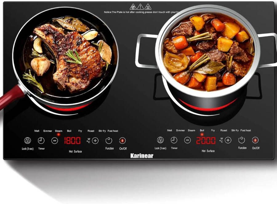 Corenia Inductie kookplaat Induction Hob Elektrische Brander Induction Cook Top Inductie Fornuis Veiligheidsslot Zwart Elektrische keramische kookplaat met LED-display 2 zones 4-uurs timer 9 vermogens tot 3600 W