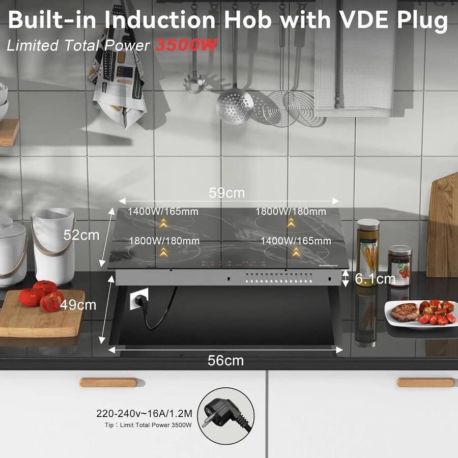 Corenia Inductie kookplaat Induction Hob Induction Cook Top Inductie Fornuis Elektrische Brander Marmerkeramisch glas 3500W Imet stekker Veiligheidsslot Zwart 4 Zones 60cm Touch Control Timer