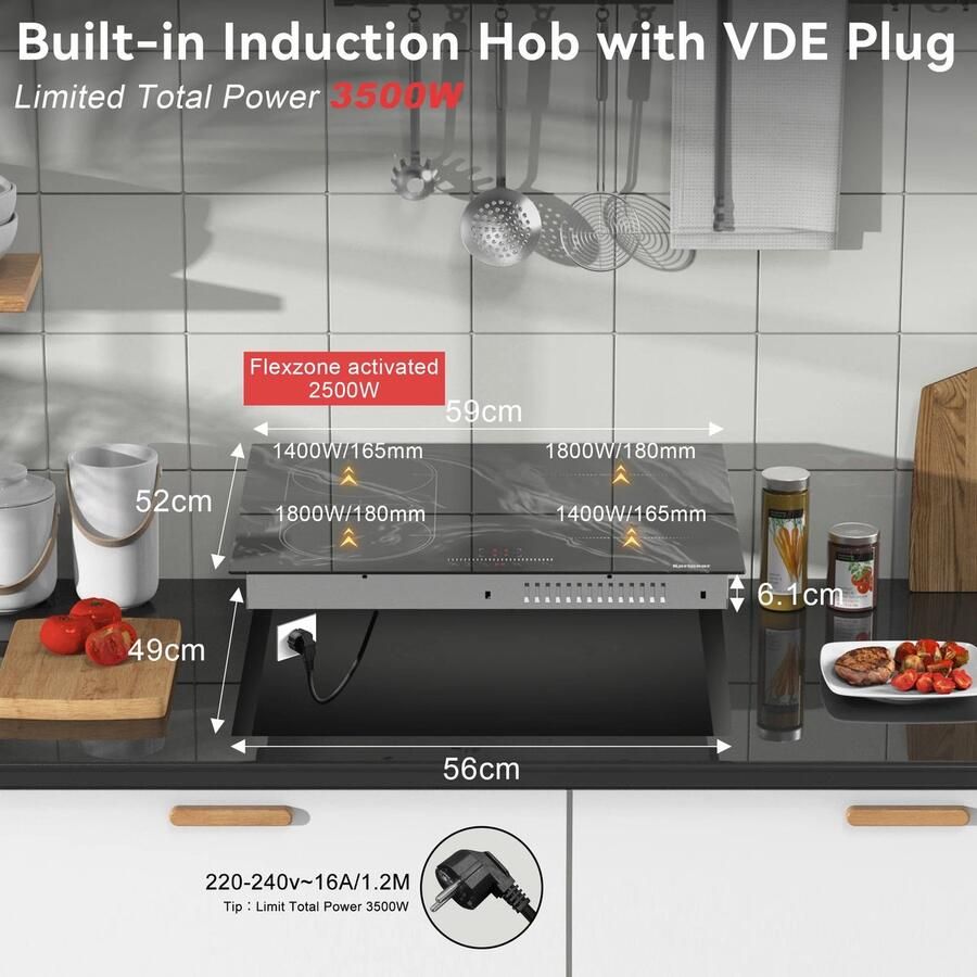 Corenia Inductie kookplaat Induction Hob Induction Cook Top Inductie Fornuis Elektrische Brander stekker en flexzone 3500W met touchbediening veiligheidsslot Zwart 4-pits inductiekookplaat met marmering