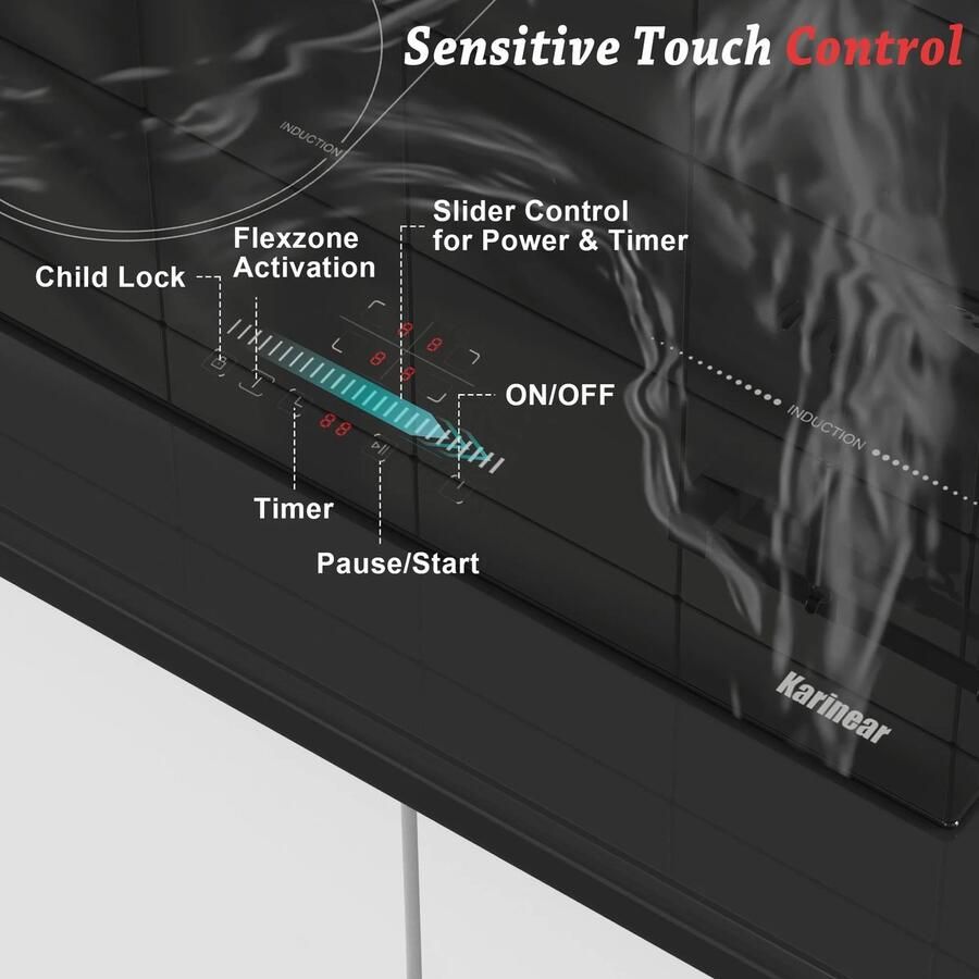 Karinear Inductie kookplaat Induction Hob Induction Cook Top Inductie Fornuis Elektrische Brander stekker en flexzone 3500W met touchbediening 4-pits inductiekookplaat met marmering veiligheidsslot Zwart