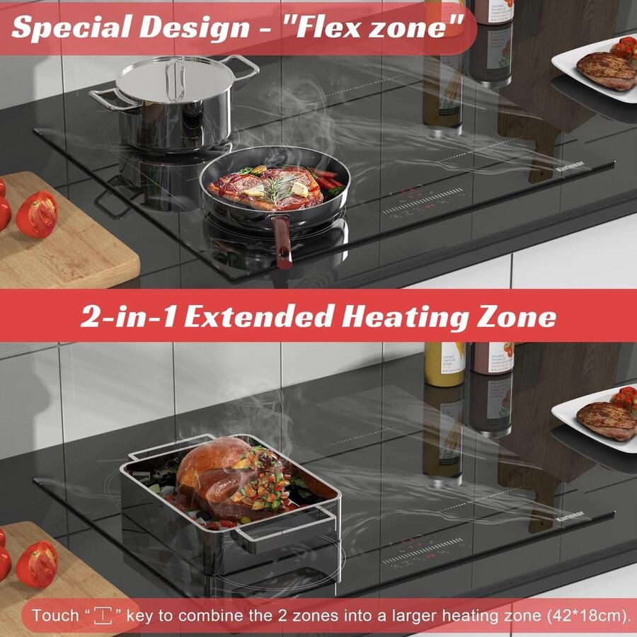 Corenia Inductie kookplaat Induction Hob Induction Cook Top Inductie Fornuis Elektrische Brander stekker en flexzone 3500W met touchbediening 4-pits inductiekookplaat met marmering veiligheidsslot Zwart - Foto 2