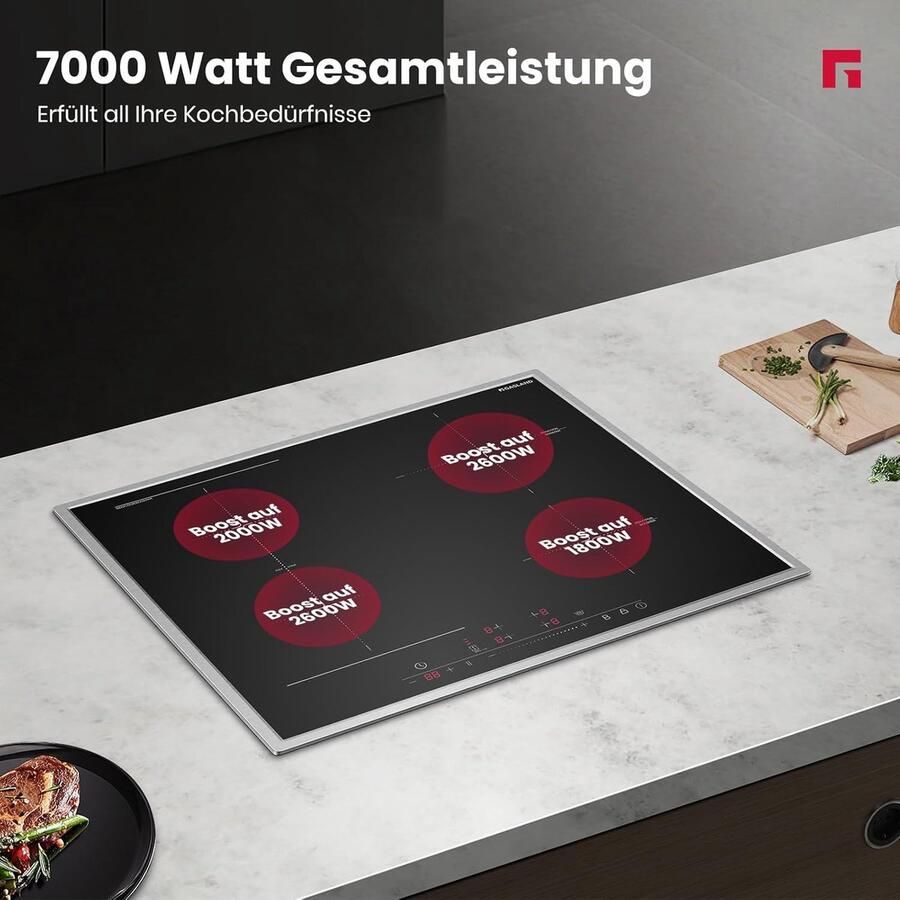 Corenia Inductiekookplaat – Inbouwkookplaat – Elektrische kookplaat – Kookplaat met flexibele zone – 60 cm – 4 Pitten – PowerBoost functie – 7000 W vermogen