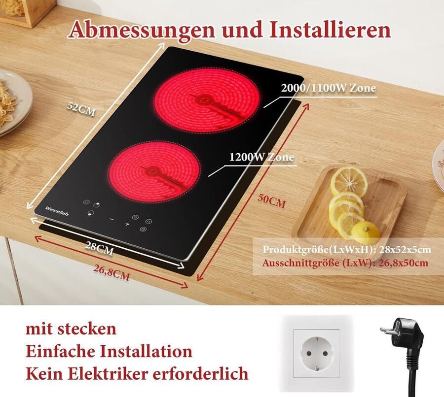 Corenia Ingebouwde keramische kookplaat – Elektrische kookplaat – Domino kookplaat – 2-zone kookplaat – Ceramische kookplaat – Compact 28 cm – Touchbediening – Aluminium frame