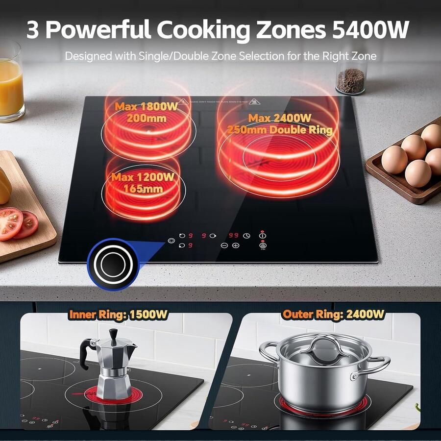 Corenia Keramische Kookplaat – Inbouw Kookplaat – 3 Zones Kookplaat – Elektrische Kookplaat – Glaskeramische Kookplaat – 5400 W Vermogen – Touch-Bediening Met Timer