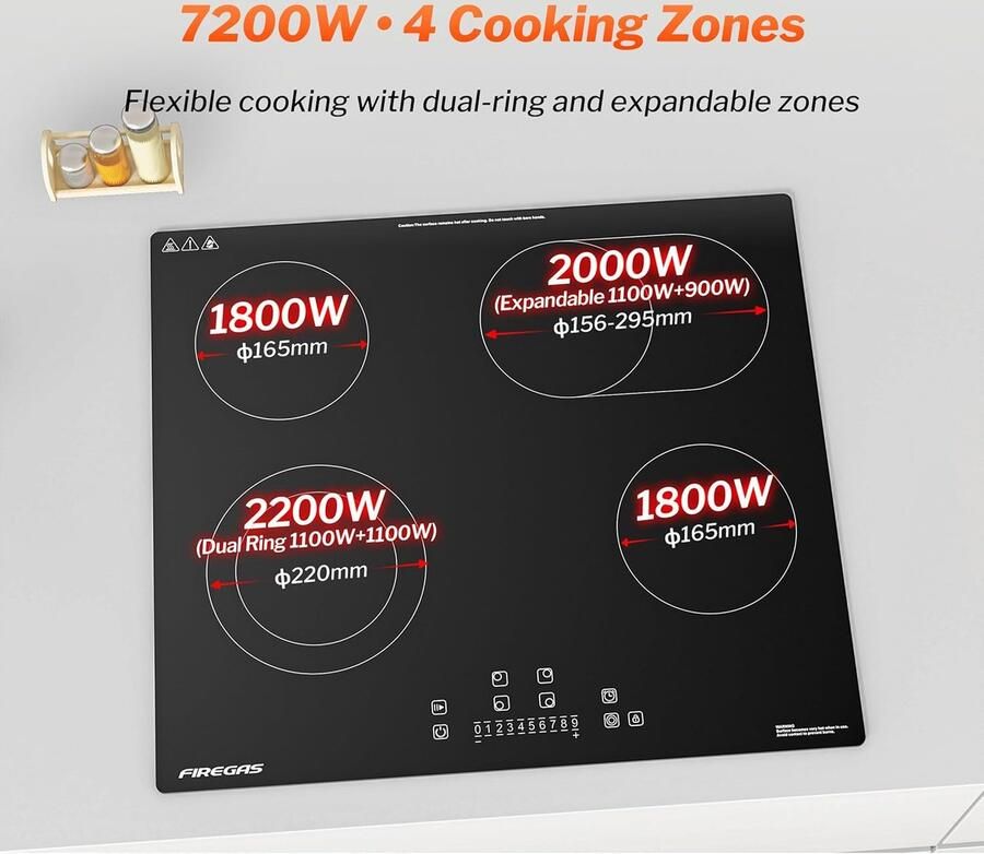 Corenia Keramische Kookplaat – Inbouw Kookplaat – Elektrische Kookplaat – Glaskeramische Kookplaat – 59 cm Kookplaat – 4 Kookzones – 7200 W Vermogen – Touchbediening Met Timer & Kinderbeveiliging