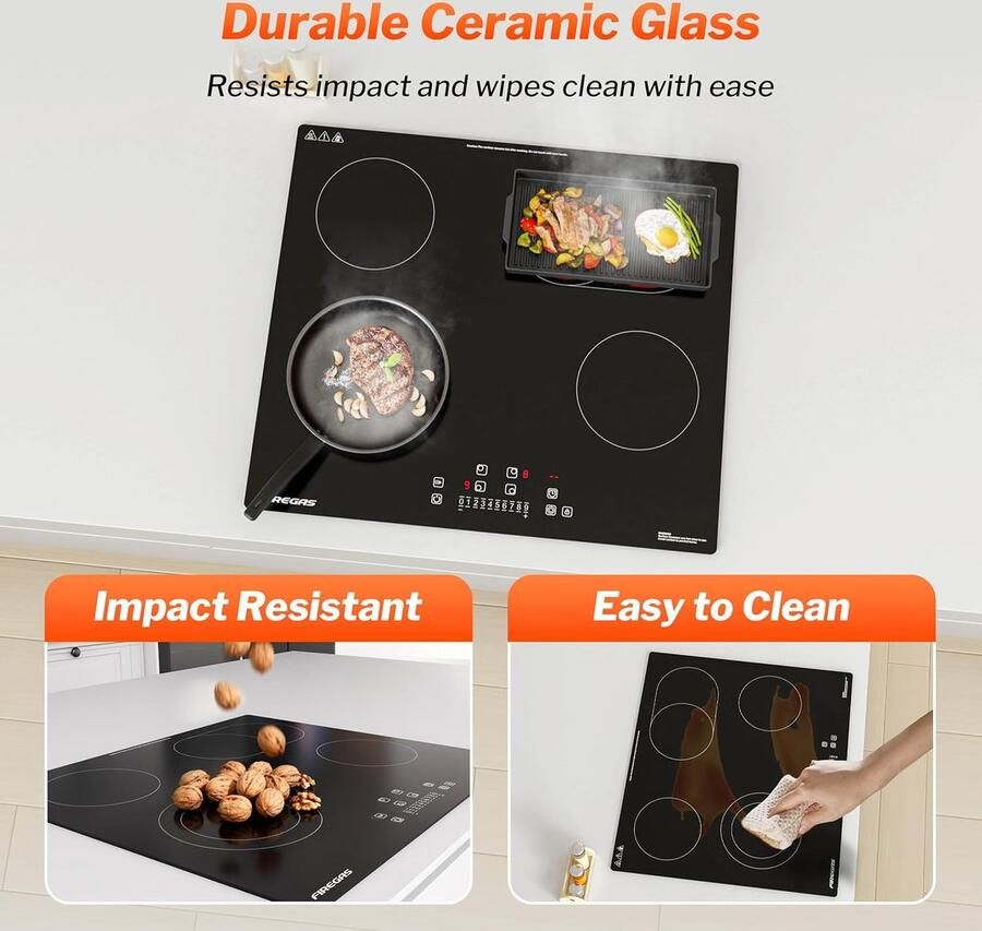 Corenia Keramische Kookplaat – Inbouw Kookplaat – Elektrische Kookplaat – Glaskeramische Kookplaat – 59 cm Kookplaat – 4 Kookzones – 7200 W Vermogen – Touchbediening Met Timer & Kinderbeveiliging