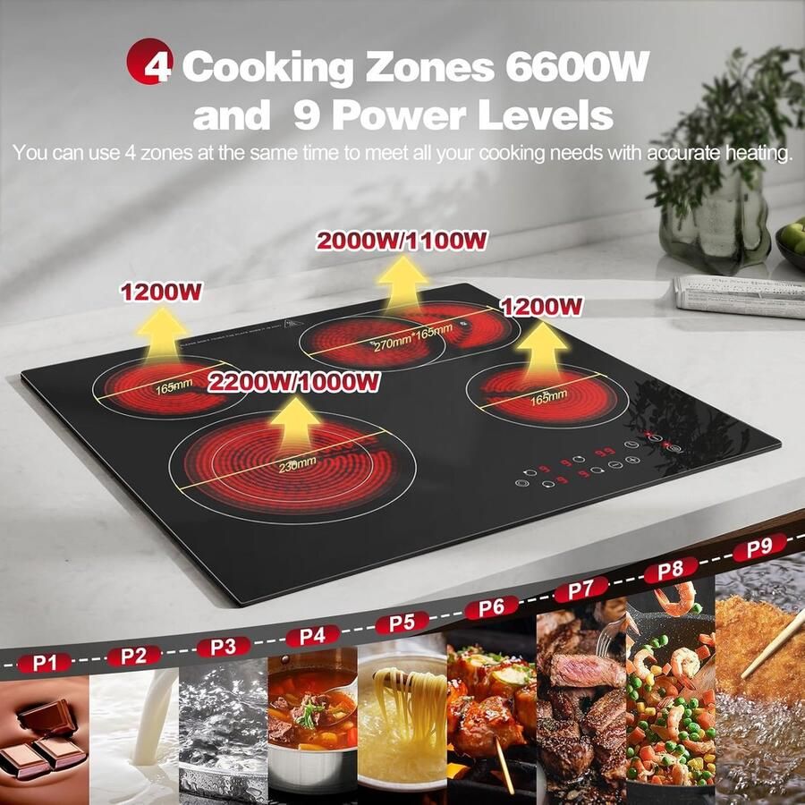 Corenia Keramische kookplaat – Inbouw kookplaat – Elektrische kookplaat – Glazen kookplaat – Keramisch fornuis – 4 kookzones – 6600 W – Dubbele uittrekbare zone – Touchbediening – Timer 1-99 min