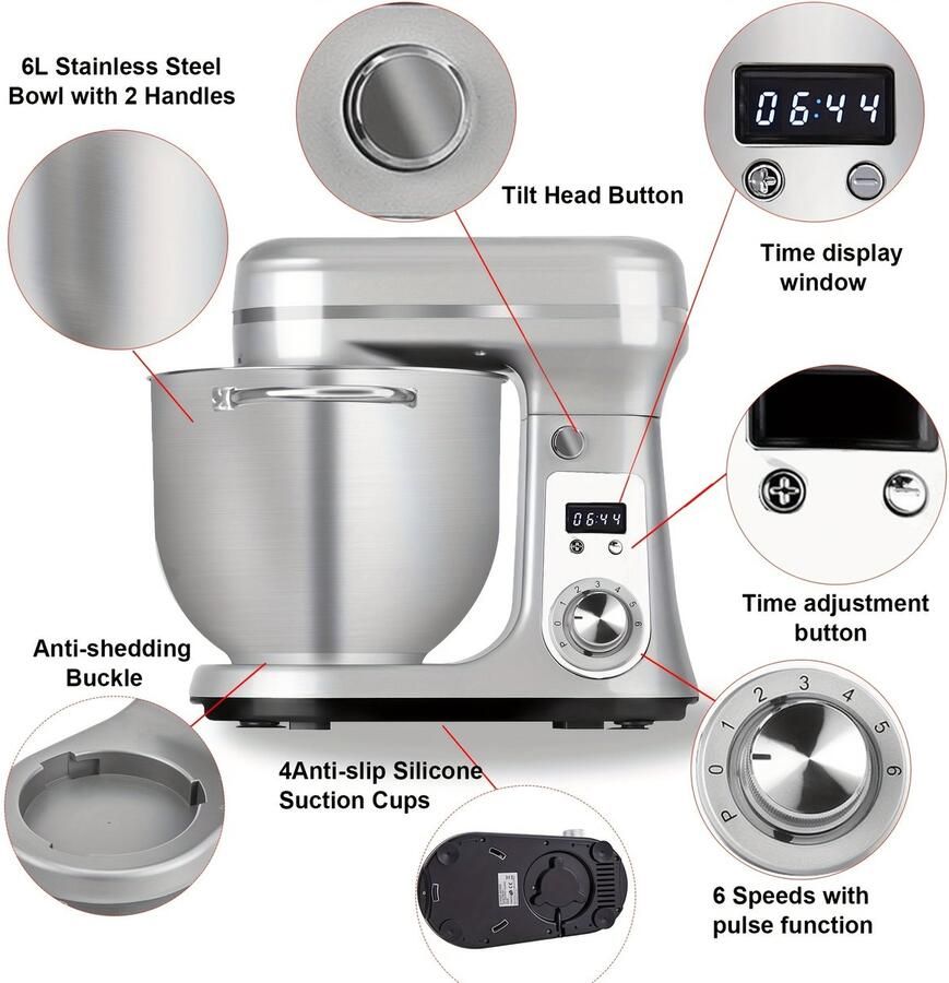 Corenia Keukenmachine – Keukenmixer – Keukenrobot – Foodprocessor – Mixer – 6L RVS Mengkom – Krachtige 1200W DC Motor – 6 Snelheden Met Timer