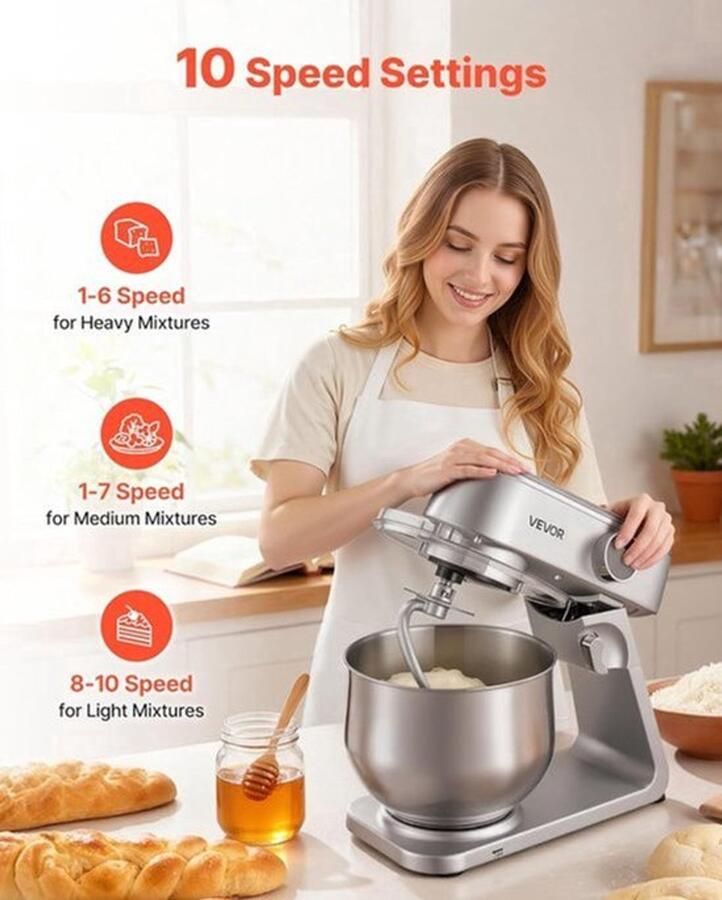 Keukenmachine – Keukenmixer – Keukenrobot – Foodprocessor – Mixer – 7 4L RVS Mengkom – 1800W Motor – 10 Snelheden – Inclusief Deeghaak Garde En Platte Mengklopper - Foto 2