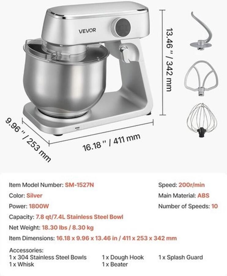 Corenia Keukenmachine – Keukenmixer – Keukenrobot – Foodprocessor – Mixer – 7 4L RVS Mengkom – 1800W Motor – 10 Snelheden – Inclusief Deeghaak Garde En Platte Mengklopper