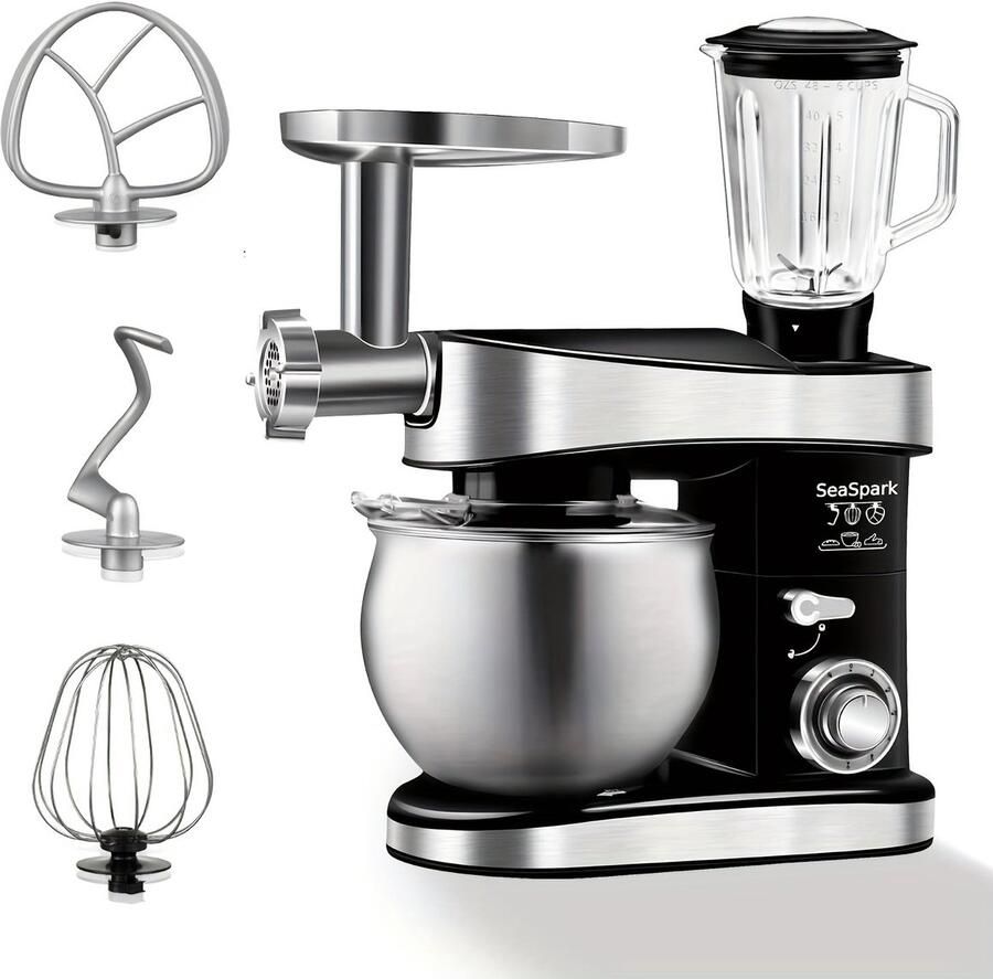 Corenia Keukenmixer – 6-in-1 Mixer – Keukenmachine – Deegmixer – Staande Mixer – Zwart – 6 Snelheidsstanden met Pulse – 6 3 Liter RVS Mengkom