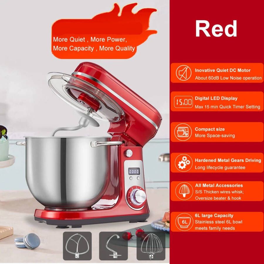 Corenia Keukenmixer Keukenmachine Foodprocessor Keukenrobot Elektrische Foodmixer 1200W Stil DC-Motor LED Display 6 Snelheden Rood