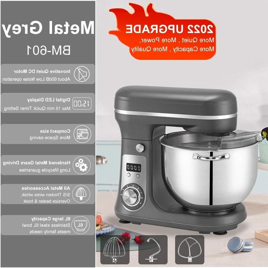 Corenia Keukenmixer – Keukenmachine Keukenrobot Foodprocessor 6L 2000W Krachtige & Stille Motor – 6 Snelheden – Met Roestvrijstalen Kom – Metal Gray
